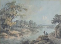 Lot 499 - Attributed to Thomas Sunderland, River landscape with figures fishing, ink and wash.