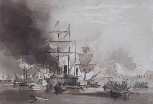 Lot 500 - English School, 19th century,   Maritime scene with various shipping, ink and wash.