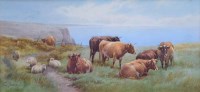 Lot 505 - Tom Rowden, Cattle and sheep on clifftop, watercolour.