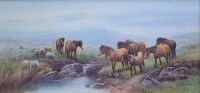 Lot 508 - Tom Rowden, Ponies and sheep in a moorland landscape, watercolour.