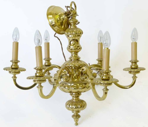 Lot 534 - Six branch cast brass electric pendant light.