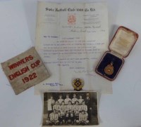Lot 42 - Stoke City letter (1919) to Len Bridgett, photo of same and Stoke Ladies FC, unmarked gold ladies football medal, English Ladies FA badge and cloth ba