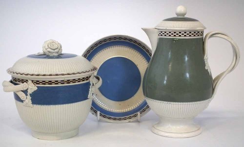 Lot 102 - Pearlware lidded jug and a sucrier and stand circa 1800