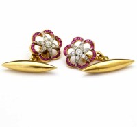 Lot 294 - Pair of gold ruby and diamond foliate cufflinks