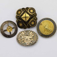 Lot 299 - Pique work brooch, three silver brooches.