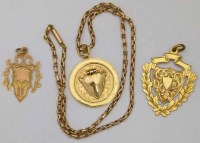Lot 334 - 9ct medal on chain; 9ct shield; 12ct shield (3)