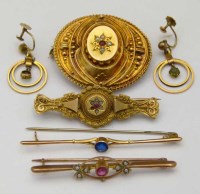 Lot 350 - Three bar brooches, oval brooch, earrings