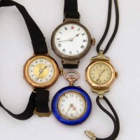 Lot 366 - Blue enamel fob watch and three wrist watches (4)