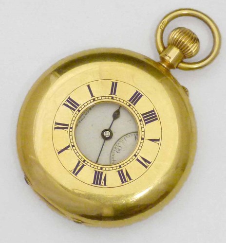 Lot 377 - 18ct gold cased half-hunter pocket watch, signed