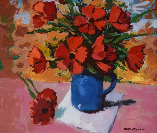Lot 414 - Donald McIntyre, Flowers in a Blue Vase, acrylic.