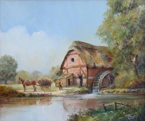 Lot 423 - R.R. Simm, River scene with windmill and figures, oil.