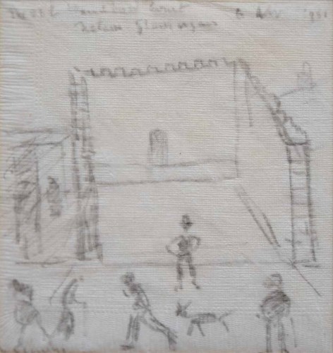 480 - L.S. Lowry, The Old Handball Court, Nelson, Glamorgan, drawing on a napkin.