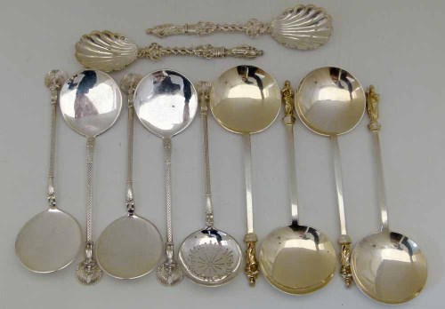 Lot 157 - Four silver gilt apostle spoons; two silver apostle spoons; five angel spoons