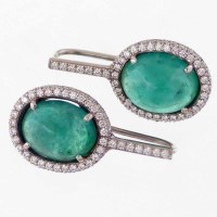 Lot 201 - Pair of cabochon emerald and diamond pendent