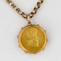 Lot 213 - South Africa 1895 half pond, mounted on necklace chain, gross weight 18.2g.