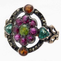 Lot 224 - French ruby, emerald and marcasite ring, 19th
