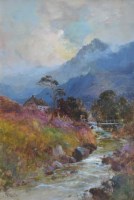 Lot 386 - J.F. Slater, Mountainous scene with stream and cottage, oil.