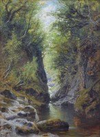 Lot 393 - Charles Stuart, Sunlit Gorge, oil.
