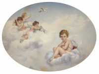 Lot 404 - Oval frame containing a water colour of cherubs.