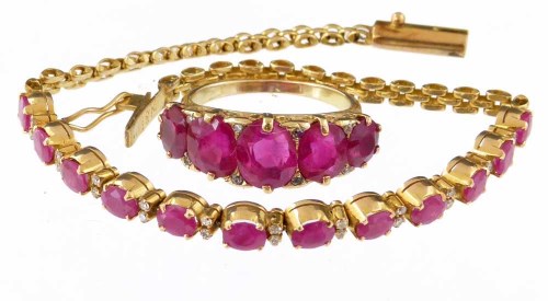 Lot 198 - 18ct ruby and diamond line bracelet and a