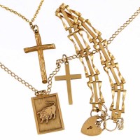 Lot 229 - Two 9ct crosses on chains and a 9ct bracelet.