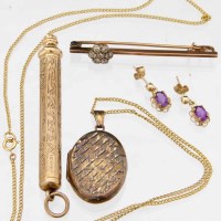 Lot 238 - 9ct gold and diamond bar brooch, oval gold locket