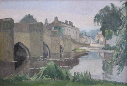 285 - Harry Rutherford, Bridge over a river with village beyond, oil.