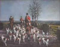 Lot 326 - Cyril Peake, Huntsman with hounds on a country lane, oil.