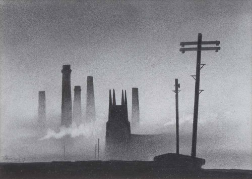 Lot 337 - Trevor Grimshaw, Church and Chimneys, graphite.