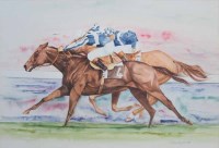 Lot 344 - Alan Brassington, Racehorse and jockey, watercolour and pencil.