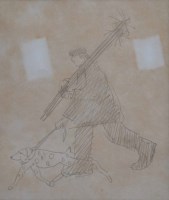 Lot 346 - Harold Riley, Chimney sweep with dog, pencil drawing.