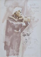 Lot 348 - Harold Riley, Study of Menuhin at the Royal Festival Hall, pen and ink.