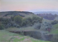 Lot 404 - Jean Beauduin, Rural view at sunset with pond, oil.