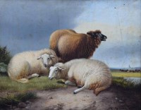 Lot 412 - Follower of T.S. Cooper, Sheep resting in a rural landscape, oil.