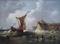Lot 414 - Attributed to John Moore of Ipswich, Shipping in rough seas, oil.