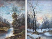 Lot 415 - S. William, 19th/20th century, Moonlit river scene and woodland scene at sunset, oil (2).