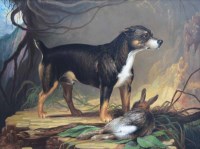 Lot 419 - English School, 19th/20th century, A dog with a dead rabbit, oil.