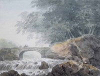 Lot 425 - William Payne, Figures on a bridge near a waterfall, watercolour.