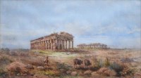 Lot 435 - Giovanni Giordano Lanza, The Temple of Neptune and the Temple of Hera, Paestum, watercolour.