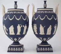 Lot 155 - Pair of Wedgewood dark blue Jasper vases