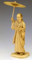 Lot 221 - Japanese ivory okimono of a samurai with umbrella