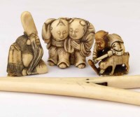 Lot 230 - Three ivory netsukes of boys, an immortal, a