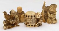 Lot 232 - Japanese ivory netsuke of a drum and three small
