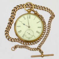 Lot 354 - 18ct gold key wind pocket watch on 9ct watch chain.