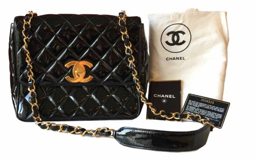 Lot 444 - Chanel black leather patent quilted classic (1994-1996) shoulder bag with flap