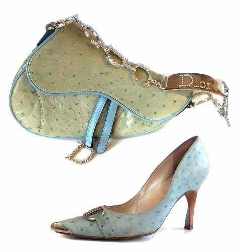 Lot 447 - Christian Dior ostrich saddle bag and matching shoes