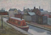 Lot 485 - Jiri Borsky, Canal boat in a townscape, oil on board.