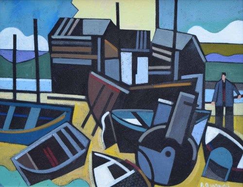 Lot 498 - Peter Stanaway, Boathouses, Seahouses, Northumberland, acrylic.