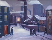 Lot 514 - James Downie, Industrial street scene with figures, oil.