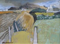 Lot 549 - John Stops, Rural landscape with cottages, oil.
